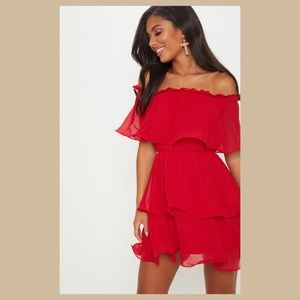 PLT Red Chiffon Ruffle Dress
